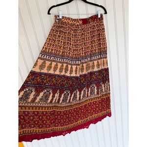 Boho funky people cottage core maxi skirt VTG country prairie charm block print